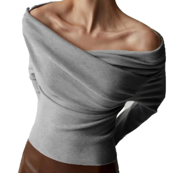 Commense Tops - Commense Women's Off Shoulder Wrap Long Sleeve Knit Top, Grey, Size S